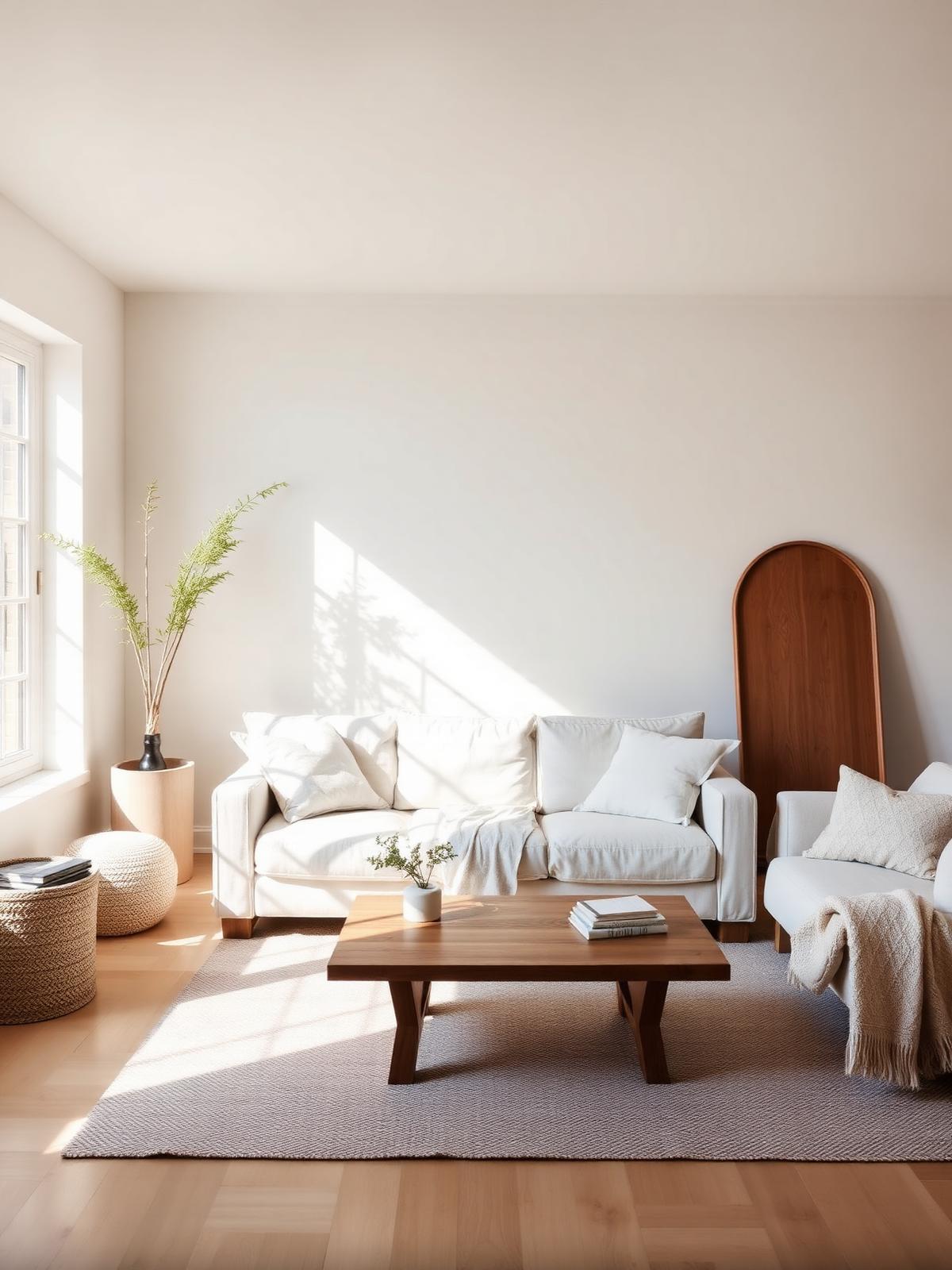 Sun-drenched minimalist living room with a white linen sofa and oak coffee table