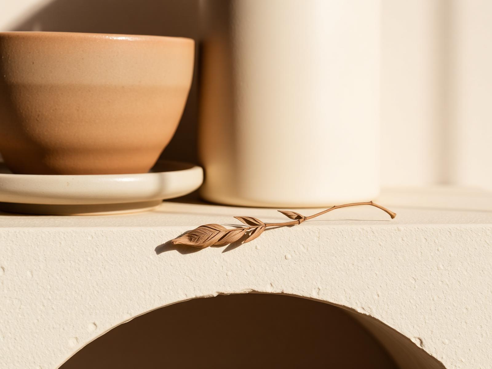Close-up of artisanal pottery and a single dried leaf on a textured plaster shelf